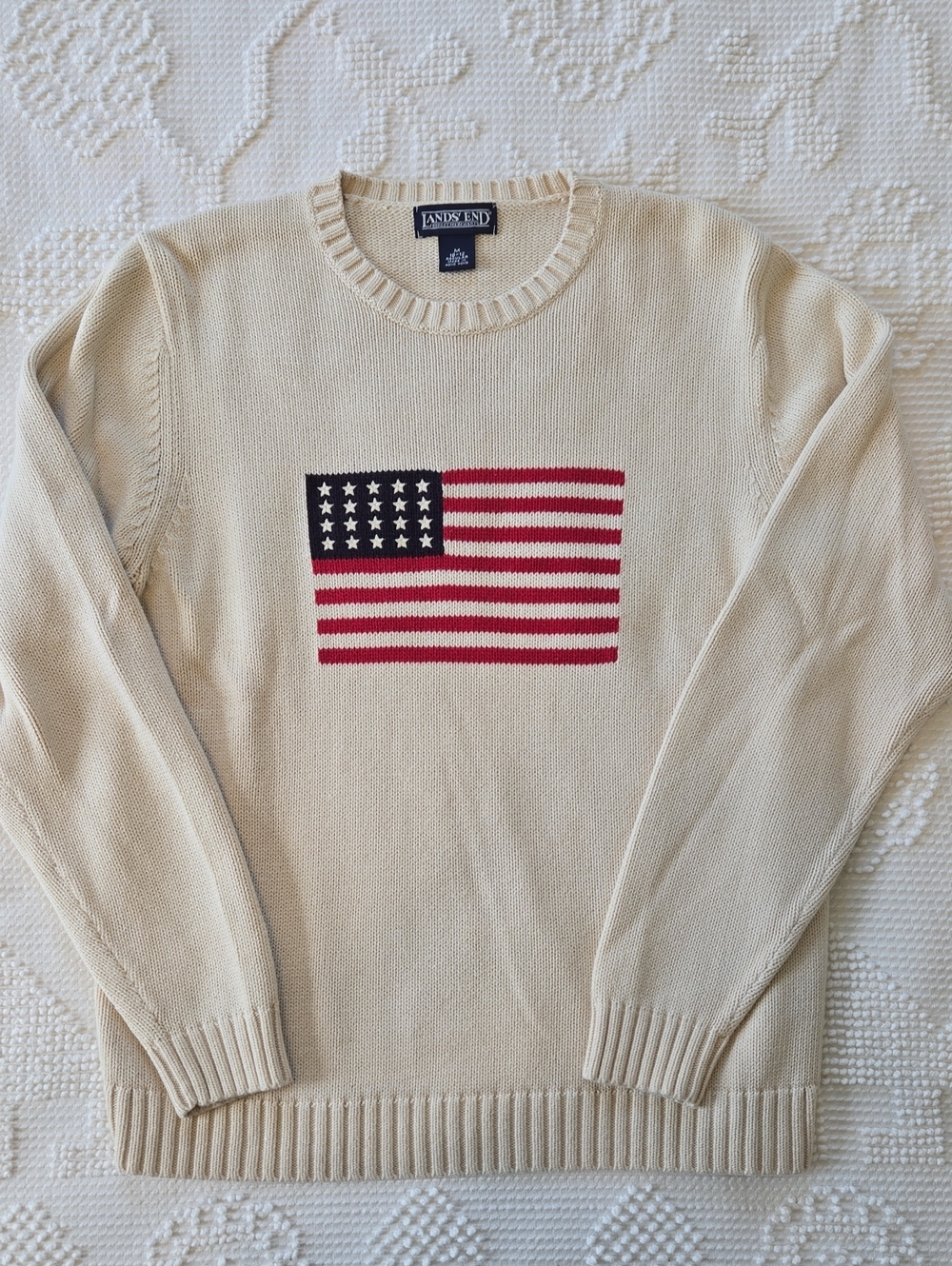 Vintage Lands End American Flag Knit Crewneck Sweater Size Medium